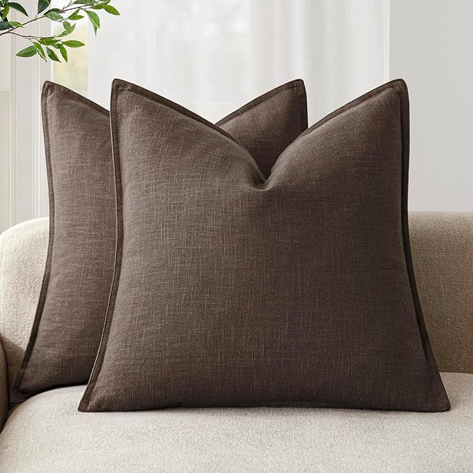 Foindtower Pack of 2, Decorative Linen Soild Throw Pillow Covers Soft Accent Cushion Case Boho Farmhouse Neutral Pillowcase for Couch Sofa Bedroom Living Room Home Decor 24 x 24 Inch Reddish Brown
