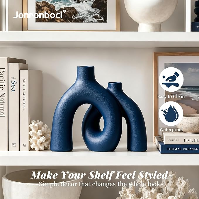 Hug Donut Decorative Vase Set - Navy Blue Vase, Modern Coastal Style Vases Home Decor, Matte Ceramic Decorations for Living Room Shelf, Bookshelf Mantle Entryway Table or Console Décor (Navy Blue) | Decorative Sculptural & Flower Vase for Living Room, ...