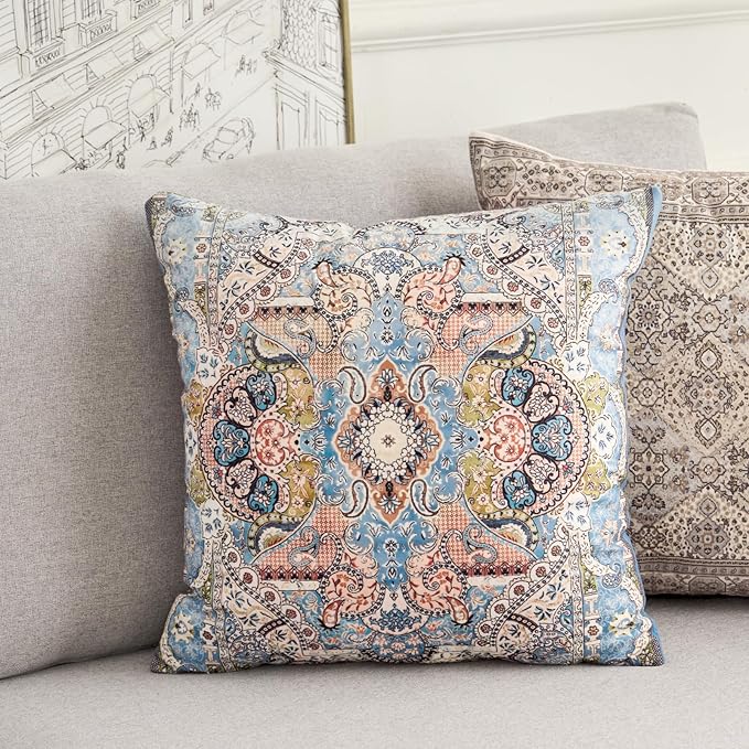 Boho Floral Throw Pillow Covers 18x18 inch Set of 2,Blue Boho Rug Geometric Floral Pattern Decor Double Sided Pattern Cushion Cover Soft Pillow Case Living Sofa Room Bed Square Pillow Cover