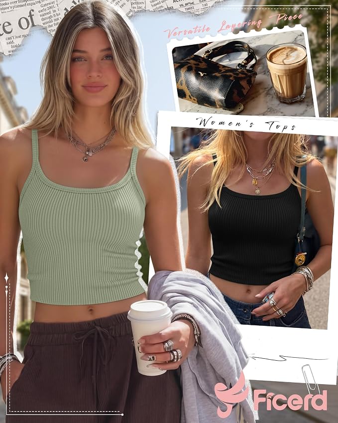 Ficerd 3 Pack Women's Tank Tops 95% Cotton Spaghetti Strap Ribbed Crop Camisole Slim Fitted Basic Summer Sleeveless Layer
