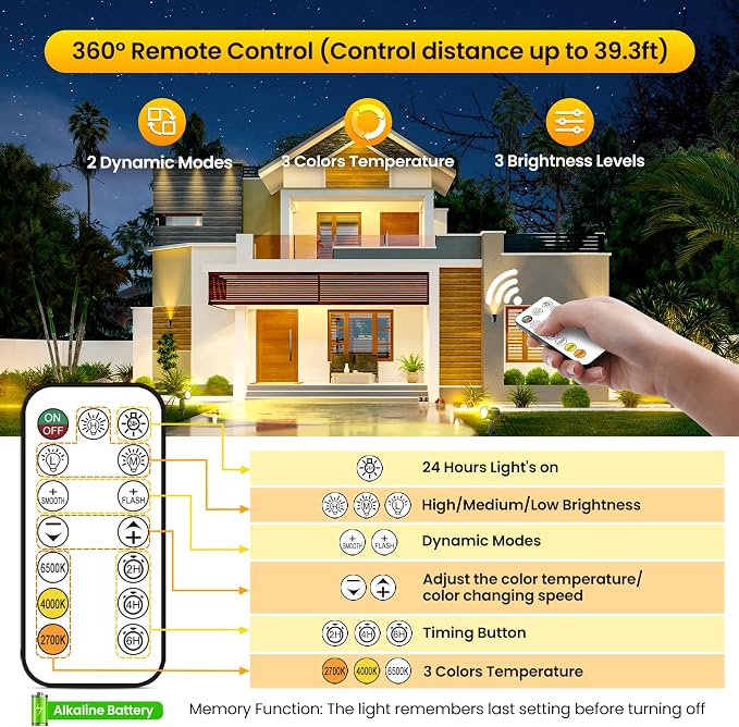 Outdoor Landscape Lighting 2700-6500K Dimmable Spotlights 8 Pack | 3 brightness levels,2 dynamic mode,IP66 waterproof, remote timer & memory,plug and play. Ideal for yards, gardens & pathways