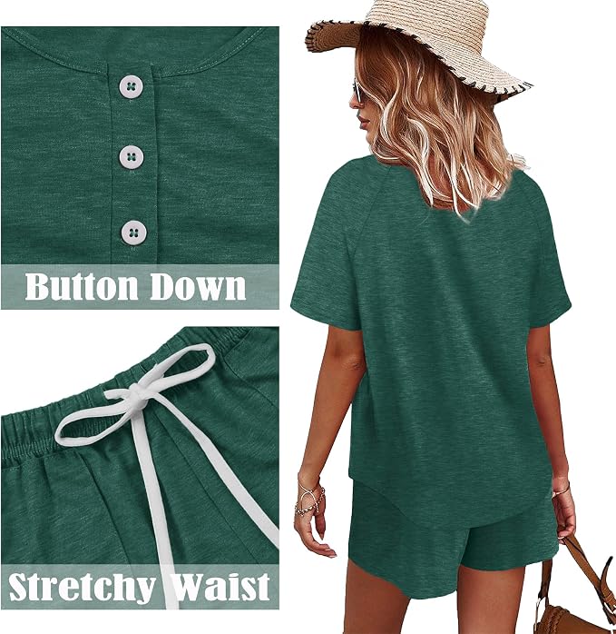 WIHOLL Two Piece Outfits for Women Lounge Sets Button Down Top and Shorts Set Sweatsuits with Pockets