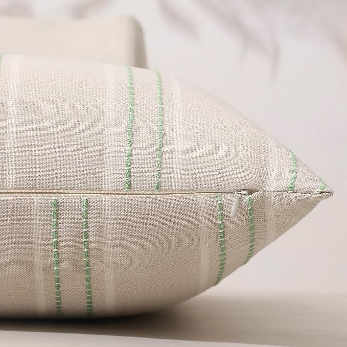 Hckot Stripe Throw Pillow Covers 20x20 Set of 2 Light Green Pillow Covers | Farmhouse Decorative Pillows Textured Linen Square Cushion Covers for Sofa Couch Bed Living Room Decor