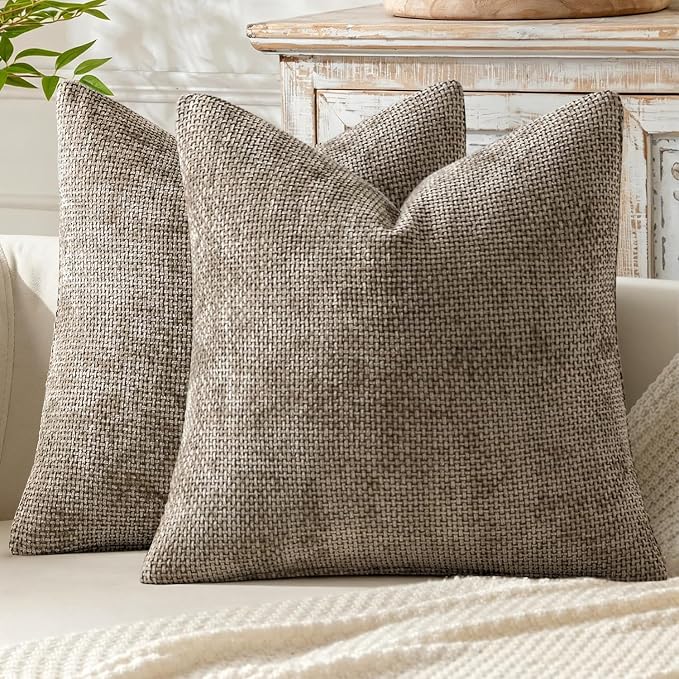 MIULEE Decorative Neutral Khaki Euro Sham Pillow Covers 24x24 Inch 2 Pack | Modern Boho Accent, Soft Chenille Pillow Covers, Farmhouse Cushion Cases for Home Decor Bed Sofa Living Room