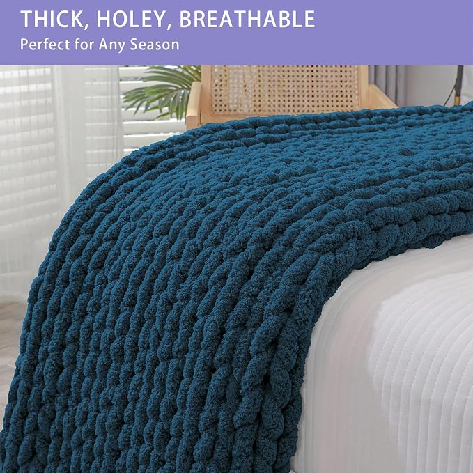 Bigacogo Chunky Knit Throw Blanket for Couch, 51x63 inches, Deep Sea Blue | Hand Knit with Jumbo Chenille, Soft Breathable Cable Knit for Sofa Bed Living Room, Machine Washable, Gift for Mom Friend