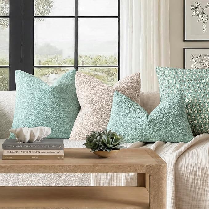 Foindtower Set of 2, Decorative Textured Boucle Throw Pillow Covers Accent Solid Pillow Cases Soft Cozy Couch Cushion Case for Chair Sofa Bedroom Living Room Home Decor 26x26 Inch Aqua Blue