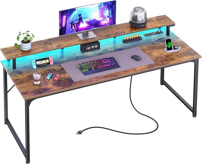 PRAISUN 55 inch Gaming Desk, LED & Outlets, Monitor Stand, Rustic Brown | Sturdy PC Desk for Home Office, Study & Work, LED Lights, 4 AC Outlets & USB-C Charging Station