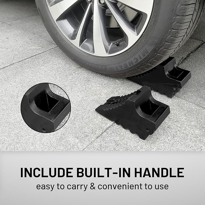 ROBLOCK Solid Rubber Wheel Chocks Heavy Duty Trailer Chock, G.V.W. Up to 8T, 4 Pack Black, 8.6" L x 3.7 W x 4.7" H for Car, Travel Trailers, RV, Truck, and ATV, for All Weather Use