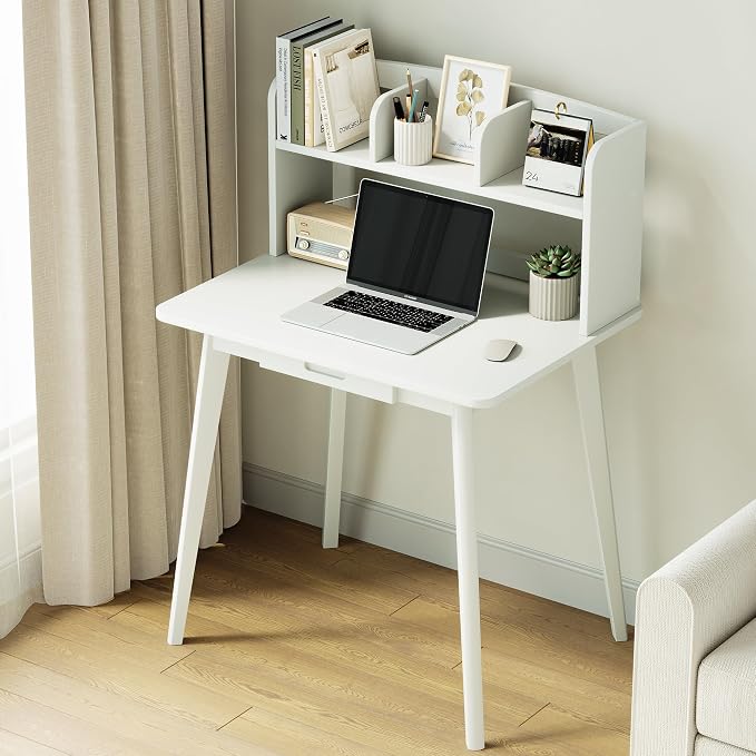 IOTXY Small Writing Desk with Hutch - 31.5" Work Computer Study Table | White , Storage Drawer, Space-saving for Home and Office, with Bookshelves