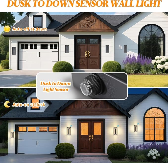 Dawn To Dusk Outdoor Light Fixture Modern Exterior Wall Light, 3-Tier Black Outdoor Wall Sconce, 15.7 IN Outdoor Lights For House,Front Door, Patio, Warm White 24 W Outside Porch Lights 2 Pack