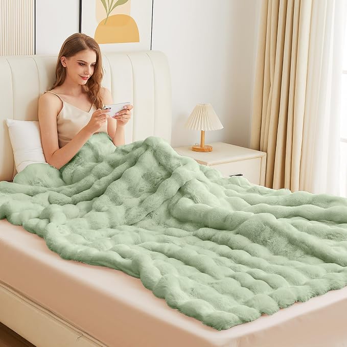 ORINOVA Sage Green Twin Size Blanket for Bed, 60x80 Ultra Soft Faux Rabbit Fur, Fuzzy Fluffy Plush Bubble Texture, Cozy Warm Reversible Throw for Couch, Bedroom Dorm Decor, Gifts for Women