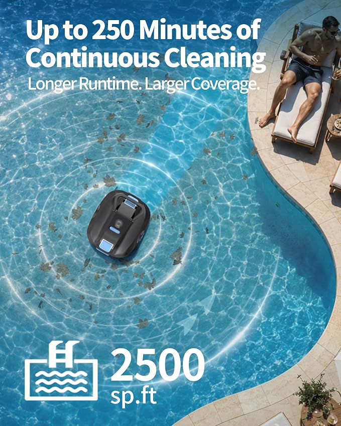 2026 Upgrade Robotic Pool Cleaner -Up to 250-Min Cordless Automatic Pool Vacuum Robot for Above Ground & Inground Pools -Powerful Suction Self-Parking for Swimming Pool up to2200 Sq. Ft Black