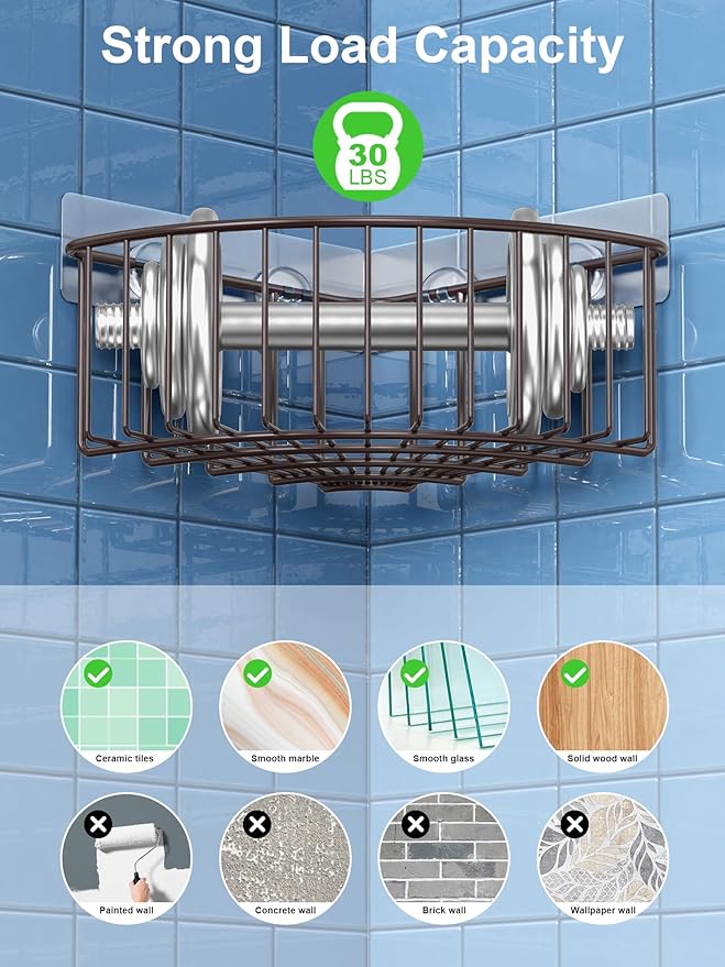 SMARTAKE 2-Pack Corner Shower Caddy Deep Basket Design, SUS304 Stainless Steel, Wall Mounted Bathroom Shelf with Adhesive, Storage Organizer for Toilet, Dorm and Kitchen (Bronze)