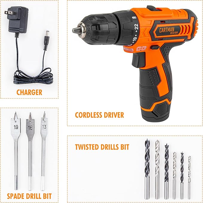 CARTMAN Power Tool Combo Kits with 12V Cordless Drill, Professional Household Home Tool Kit Set, DIY Hand Tool Kits for Garden Office House Repair, with a Robot Style Carry Box