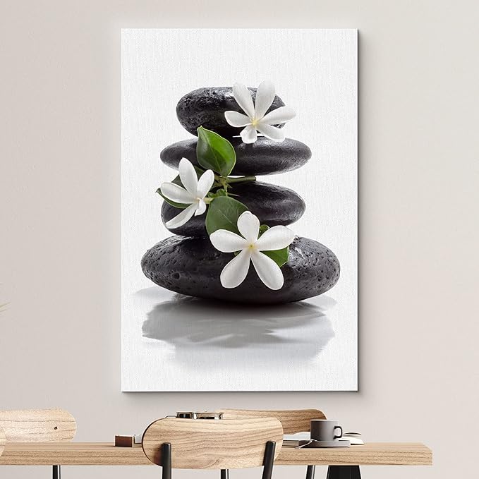 wall26 Canvas Print Wall Art Zen Dark Basalt Stones with Magnolia Blossoms Nature Floral Photography Realism Rustic Colorful Multicolor Ultra for Living Room, Bedroom, Office - 12"x18"