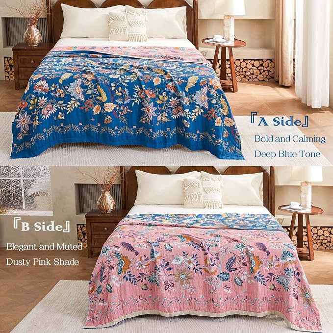 XIBLC Fall Throw Blanket for Couch, Blue Boho Decorative Throw Blanket, 100% Cotton Muslin Breathable Woven Farmhouse Blankets Quilt, 60"x80" Reversible Lightweight Blankets Bohemian Throw Quilt