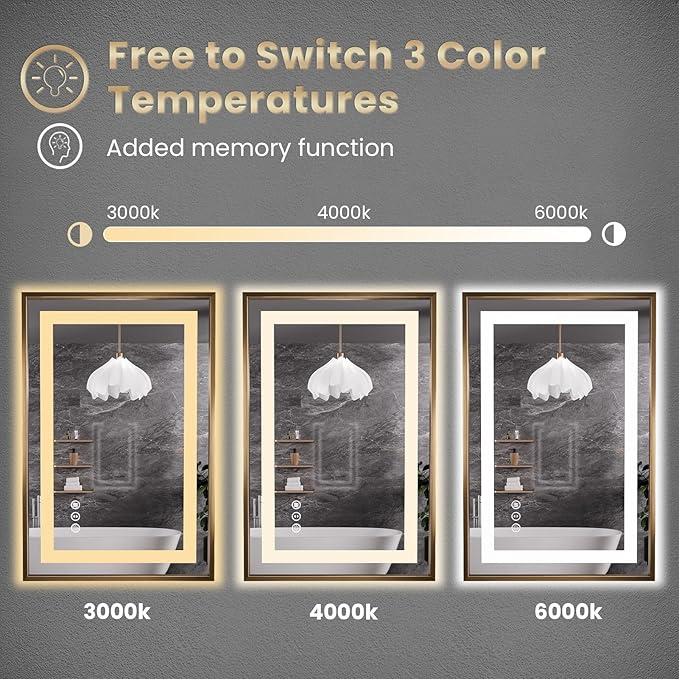 Amorho 55"x 36" LED Bathroom Mirror, Golden Metal Framed Mirror with Front Light and Backlit, Stepless Dimmable, Anti-Fog, Shatter-Proof, Memory, 3 Colors