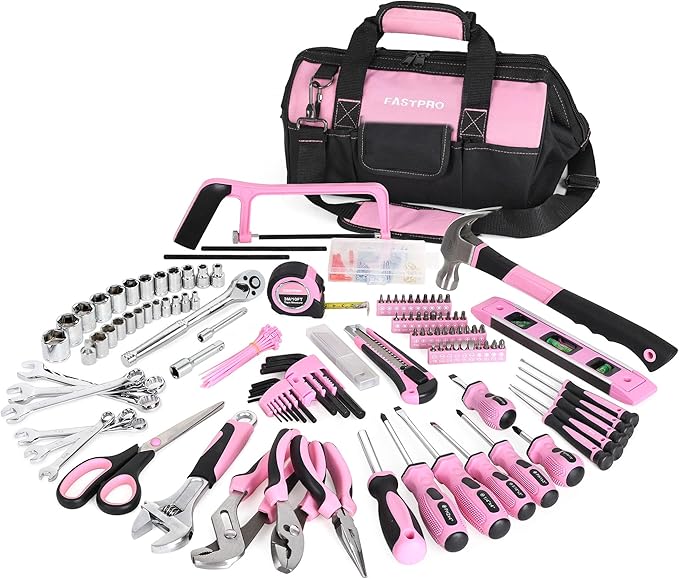 FASTPRO 267-Piece Pink Tool Set, Home Repairing Tool Kit with 13-Inch Wide Mouth Open Bag, Mechanics Hand Tool Kit for DIY, Home Maintenance