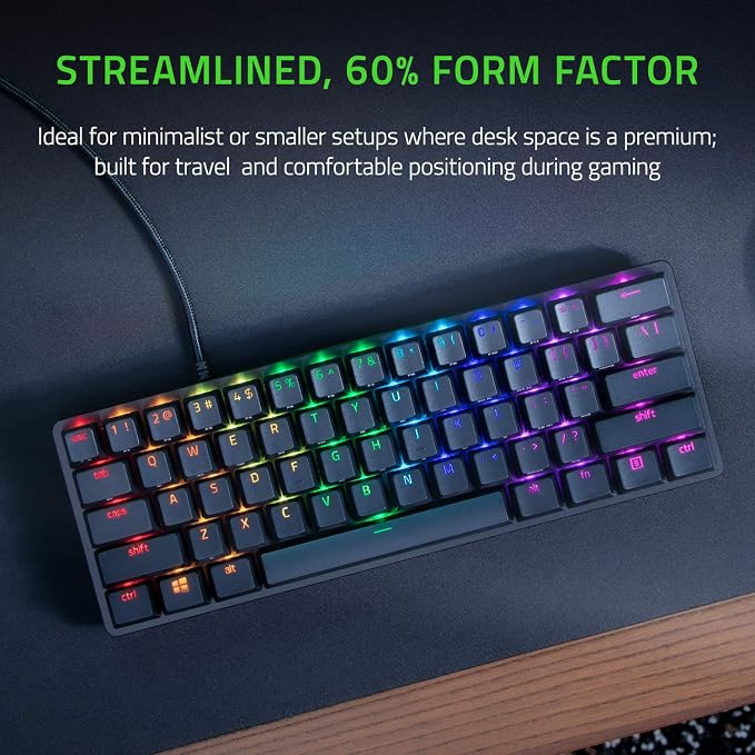 Razer Huntsman Mini 60% Gaming Keyboard, Linear Optical Switches, Black | Aluminum Top Frame, Chroma RGB Lighting, PBT Keycaps, Onboard Memory, Snap Tap