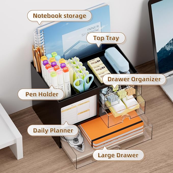 Marbrasse Desk Organizer with 3 Drawer, Multi-Functional Pencil Pen Holder for Desk, Desk Organizers and Accessories with 4 Compartments, Desktop Organizer Storage for Office Home Art Supplies (Black)