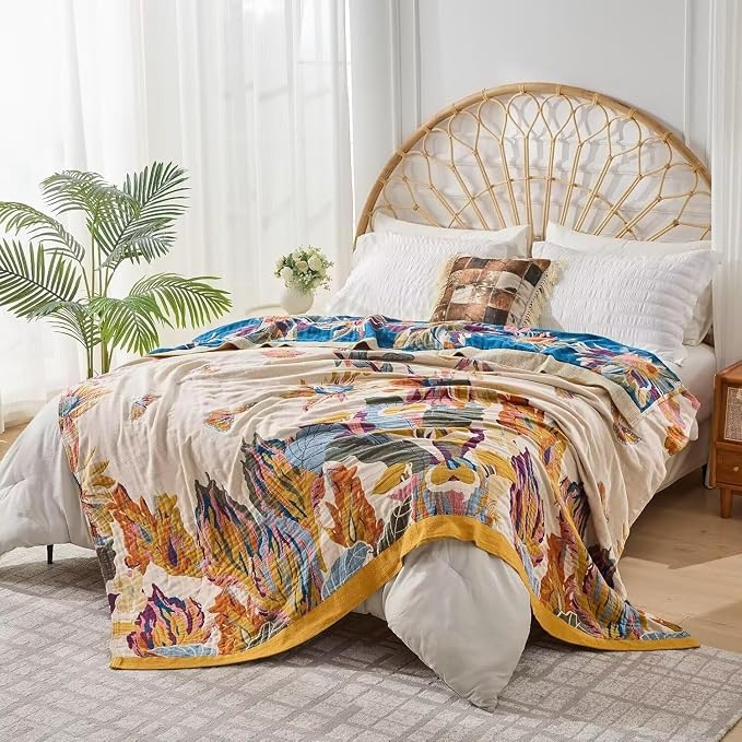 Boho Throw Blanket Farmhouse Decor Throw Blanket Bohemian Blanket for Bed 100% Cotton Muslin Woven Couch Blanket All Seasons Quilt Bedroom (D-Yellow, 50"x60")