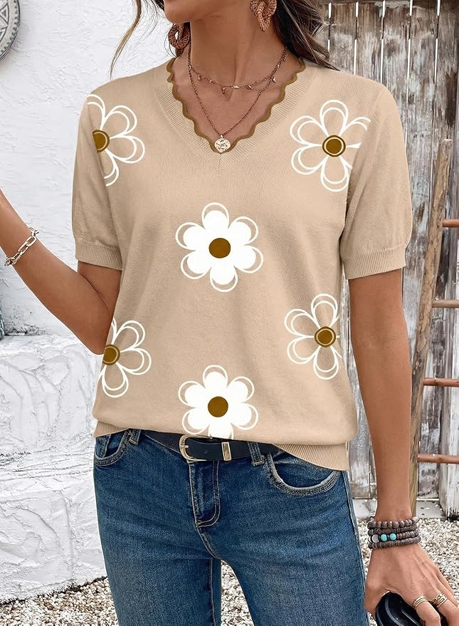 Dokotoo Womens Summer Short Sleeve Knit Tops 2026 Spring Trendy Casual V Neck Striped Sweater Blouses
