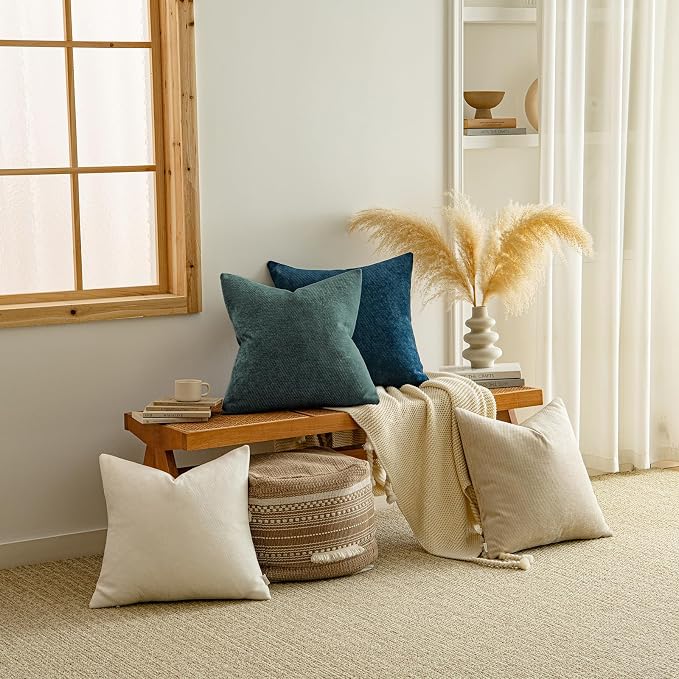 a moment Pack of 2 Decorative Chenille Throw Pillow Covers with Twill Cushion Covers for Sofa Living Room Couch Bed 26x26 Inch, Dark Teal