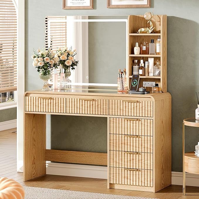 47“Makeup Vanity Desk with Mirror and Lights, Vanity Desk with 7 Drawers & Storage Shelves, Vanity Table with Power Outlet, 3 Color Modes & Adjustable Brightness Dressing Table, Bedroom,Wood
