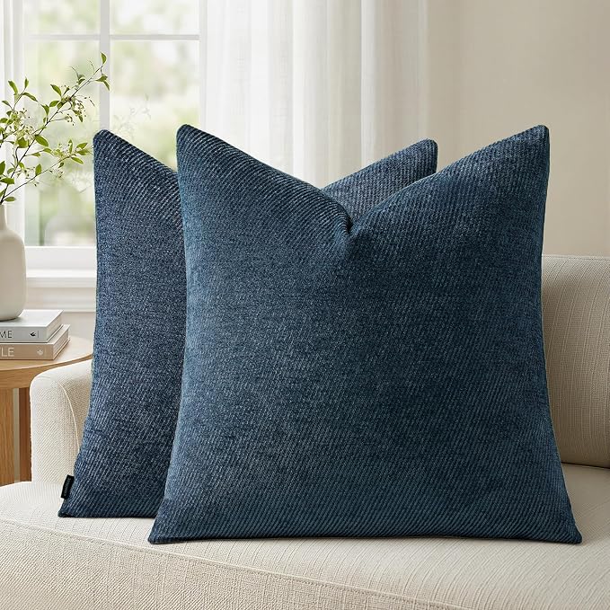 a moment Pack of 2 Decorative Chenille Throw Pillow Covers with Twill Cushion Covers for Sofa Living Room Couch Bed 24x24 Inch Blue