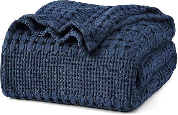 PHF 100% Cotton Waffle Weave Blanket Queen Size, Lightweight Breathable Summer Blanket for Hot Sleepers, Pre-Washed Soft Layer for Bed, Couch, Aesthetic Home Decor & Gift, 90"x90", Blue Sapphire