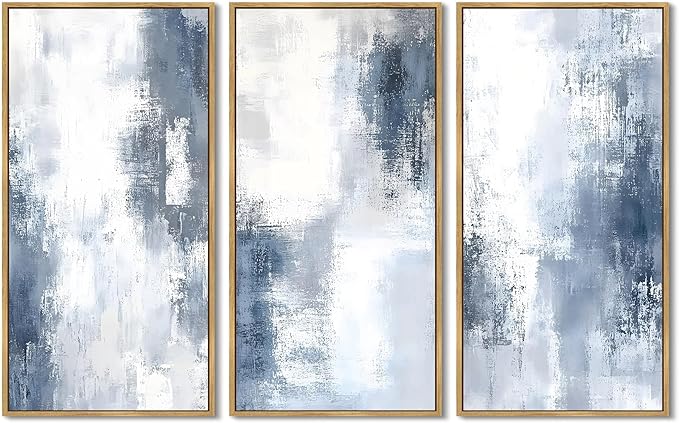 KUVIOKE Abstract Wall Art Blue Gray White Minimalist Painting Modern Decor Bedroom Living Room Ready to Hang 8x16in3pcs Natural Framed