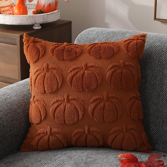 DFXSZ Fall Pillow Covers 16x16 2Pcs Rust Pumpkin Fall Decorations for Home | Fall decor Set of 2 Throw Pillow Cases Soft Plush Faux Fur Wool Couch Cushion for Chair Sofa Bedroom Living Room Home Decor
