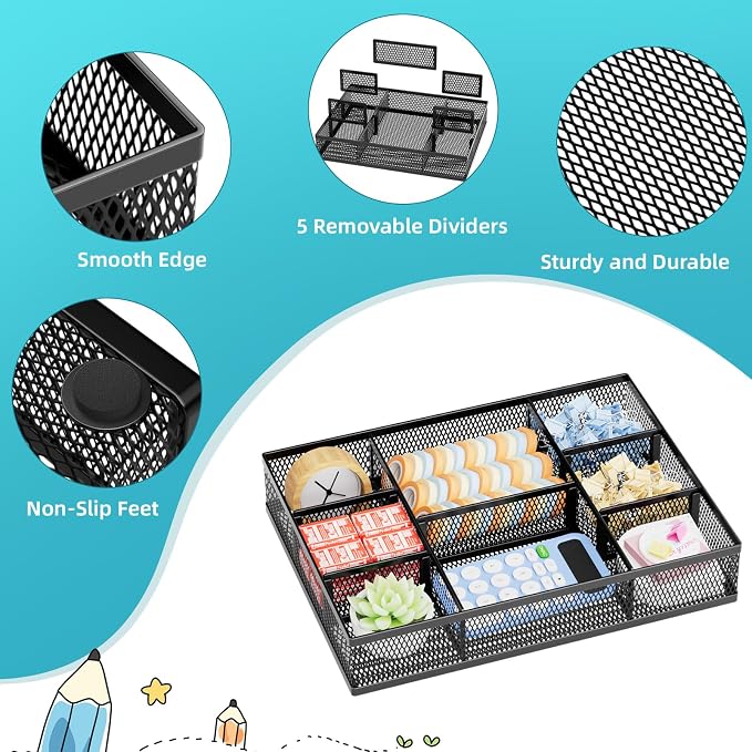 Marbrasse 2 Pack Desk Drawer Organizer, Mesh Drawer Organizer Tray with 8 Adjustable Compartments, Desk Organizers and Accessories, 5 Dividers Drawer for Office Supplies, Makeup & Vanity (Black)