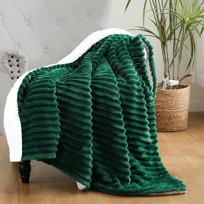 Green Sherpa Fleece Throw Blanket 60”×80”for Couch Sofa Bed | Double Side Soft Fuzzy Cozy Plush Thick Flannel Blanket with Striped Design Gift for Adults,Woman