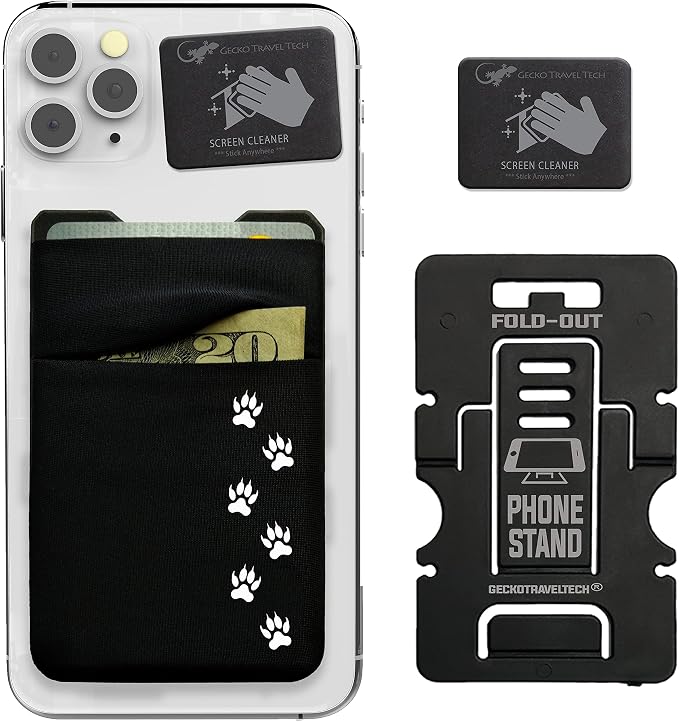 Gecko Travel Tech Double Pocket - Adhesive Card Holder - Cell Phone Pouch - Stick on Spandex Pocket - Carry Credit Cards and Cash (Black - CAT PAW)