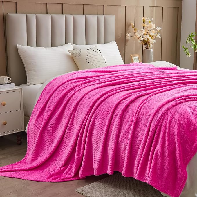NEWCOSPLAY Fleece Leaves Pattern Queen Blanket, Hot Pink, 90"x90" | Super Soft Throw Blanket, Lightweight Cozy Bed Sofa Blanket, Premium Silky Flannel Fleece, Travel Blanket for All Season Use