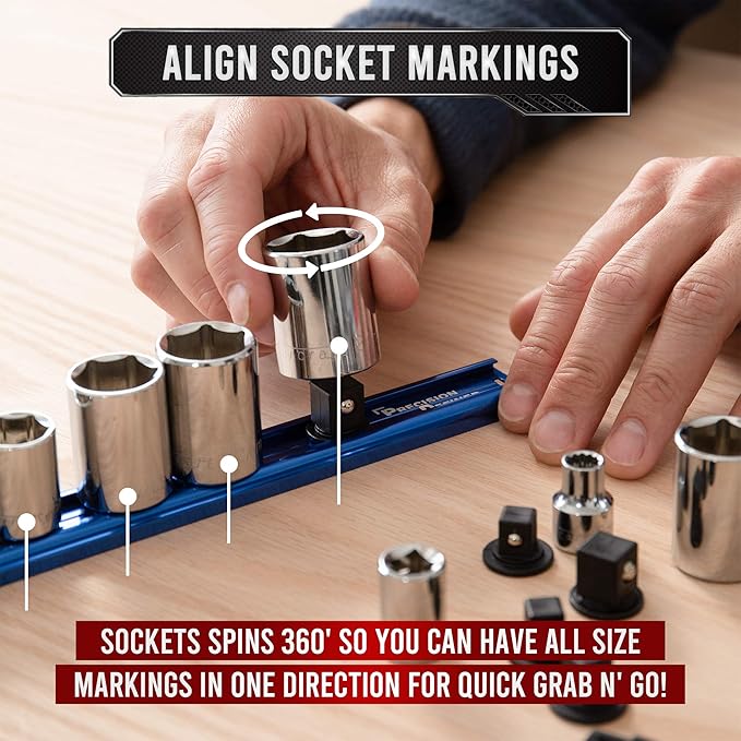 Precision Defined Aluminum Tool Socket Holder | Blue, Single 1/4-Inch Socket Organizer x 16 Clips | Heavy Duty Socket Rails Organizer, Socket Storage, Socket Tray 360 Rotation