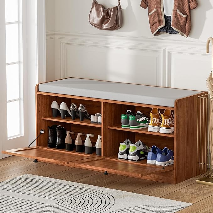 MHOM Rattan Shoe Bench for Entryway, Hallway and Bedroom - Boho Bench with Storage Cabinets and Seat Cushion - Wooden Storage Bench Fits up to Size 16, Brown