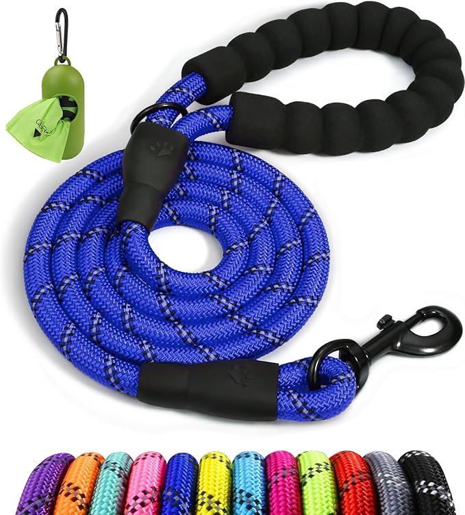 Taglory Rope Dog Leash 4 FT with Comfortable Padded Handle, Highly Reflective Threads Leash and Anti-Tangle Clip for Walking Small Dogs, 3/8 inch, Navyblue