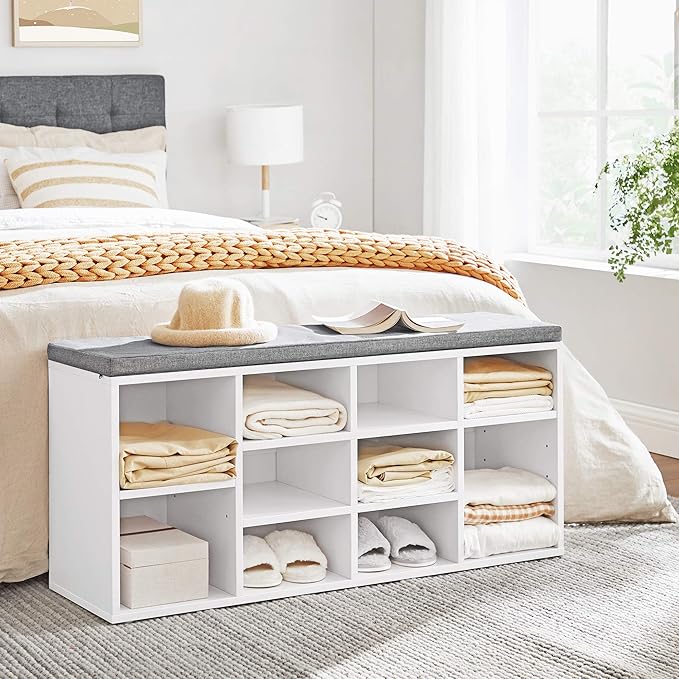 VASAGLE CUSTOS Collection - Shoe Bench, Storage Bench with Padded Seat, Entryway Bench with 10 Compartments, for Bedroom, 11.8 x 40.9 x 18.9 Inches, Cloud White and Dove Gray ULHS010W01