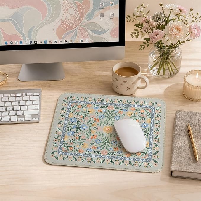 iCasso Aesthetic Small Mouse Pad, 9.5x7.9in,Home Office, Green Floral | Mini Portable Travel Mousepad, Anti-Slip and Comfortable Cloth Mouse Mat with Stitched Edges for Computer, Home