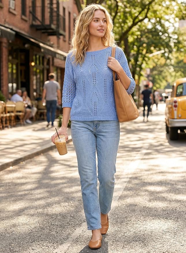 EVALESS Womens Crochet Hollow Out Knit Tops Half Sleeve Spring Summer Sweaters Beach Cover Ups for Women Trendy 2026