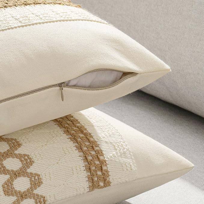 MIULEE Set of 2 Neutral Boho Decorative Pillow Covers 20x20 Inch | Farmhouse Couch Throw Pillows, Modern Spring Cotton Cushion Covers, Macrame Woven Home Decor for Bed Sofa Chair
