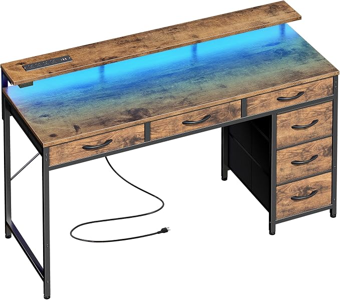 Huuger Gaming Desk with 6 Drawers, Computer Desk with LED Lights Power Outlets and Type-C, 47 Inch Office Desk with Storage, Monitor Stand, Writing Work Desk for Home Office, Rustic Brown
