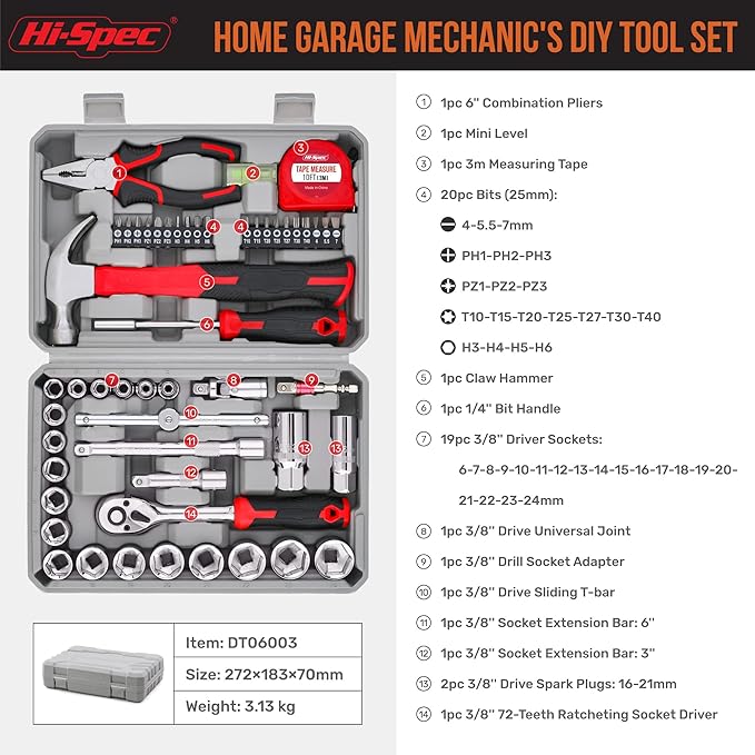 Hi-Spec 52pc Home Garage Mechanics DIY Tool Kit Set. Metric Sockets, Ratchet Wrench, Screwdriver Bit Set, Pliers and Spark Plug Accessories in a Portable Toolbox Case