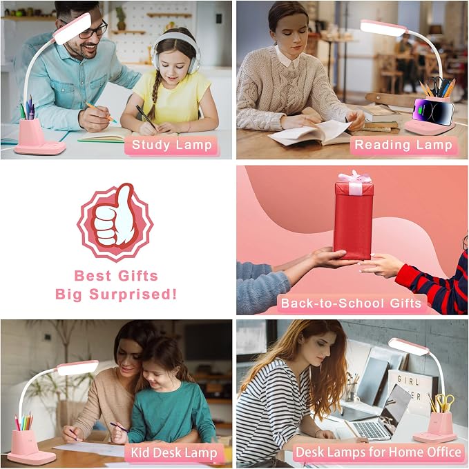 LED Desk Lamp with 10W Wireless Charging & Pen Holder, Pink | CRI 95, 800LM, Stepless Dimming, 3 Modes, 360°Flexible Arm, Touch, Study Table Lamp for Home Office, Dorm Room, with Adapter