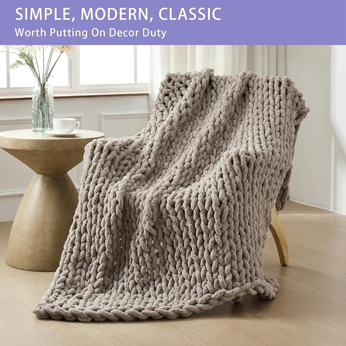 Bigacogo Chunky Knit Throw Blanket for Couch, 60x80 inches, Taupe | Hand Knit with Jumbo Chenille, Soft Breathable Cable Knit for Sofa Bed Living Room, Machine Washable, Gift for Mom Friend