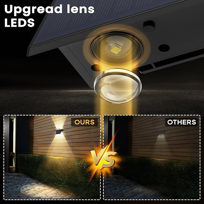 Fence Lights Solar Powered, 4-Pack Solar Fence Lights Up/Down Flexible Buttons, IP67 Waterproof for Outdoor, 100LM Bright, Auto Dusk to Dawn for Wall/Stairs/Yard/Railing/Deck/Pathway (Warm White)