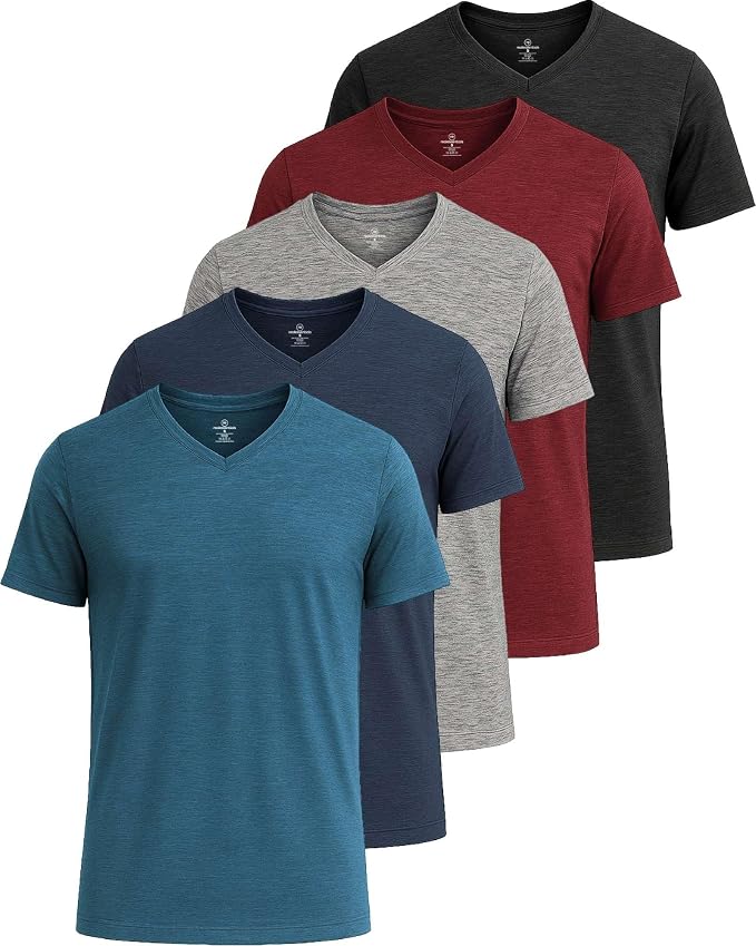 5 Pack Men's Dry Fit V Neck Gym Workout T Shirts Athletic Moisture Wicking | Cooling, Quick Dry, Breathable, Short Sleeve, Exercise, Cycling, Sports, Outdoor, Fitness, Golf, Crossfit, Hiking, Tennis