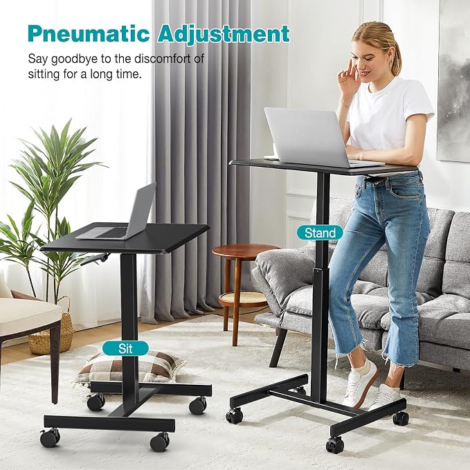 DUMOS Mobile Rolling Desk with Wheels Adjustable Height | Small Standing Desks Portable Laptop PC Table, Computer Workstation for Home Office Small Space, Modern Black